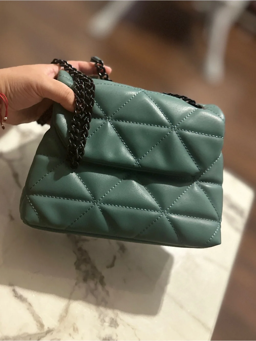 Quilted Vegan Leather Crossbody Bag in Aqua Blue with black Chain Strap